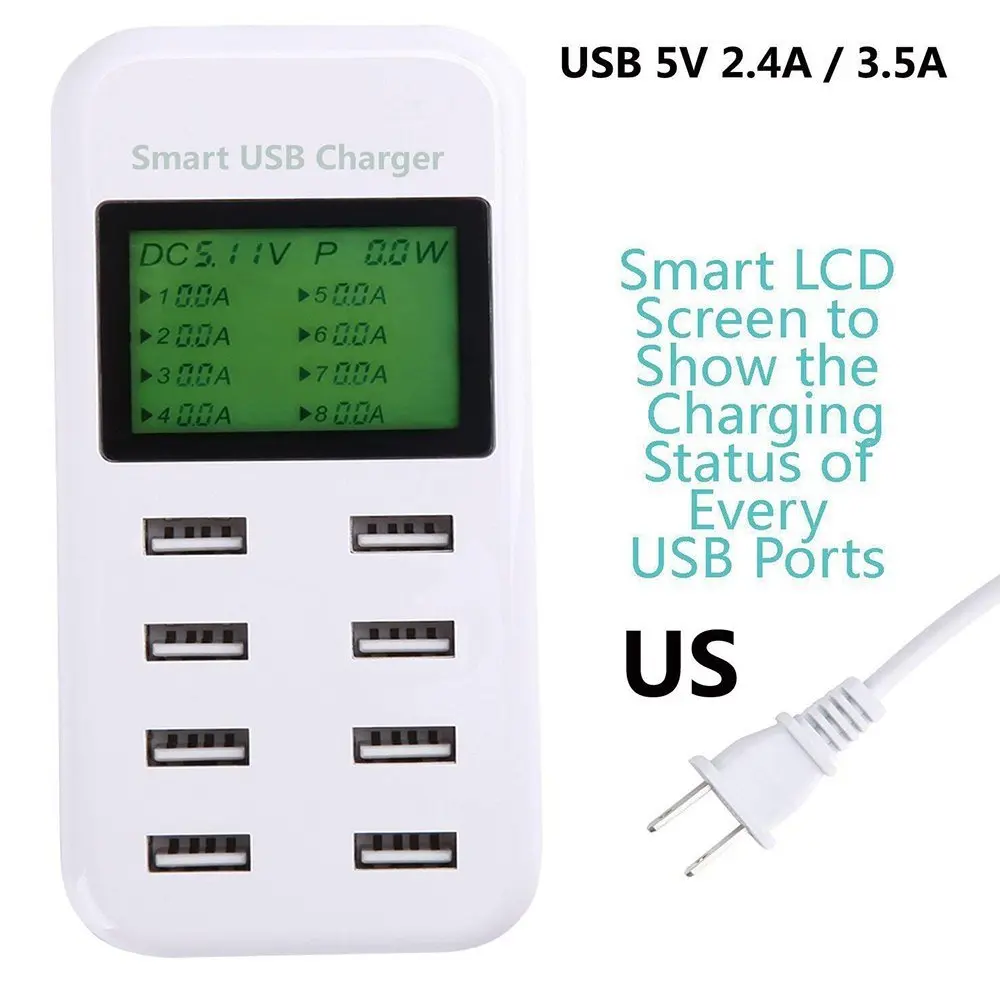 8 Port USB Charger 5V8A Quick Charge 3.0 USB-C Type C LCD Show Charging For iPhone iPad Samsung Huawei Nexus Power Supply