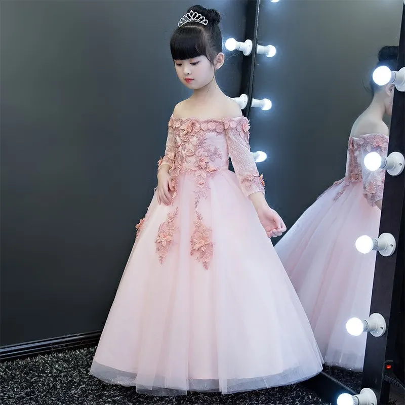 Elegant Pink Appliques First Communion Dresses For Children Shoulderless Girls Pageant Dresses Graduation Flower Girls Gowns