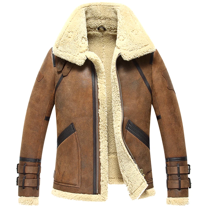 

Mens Lamb Fur Jacket Double-Face Sheepskin Coat Brown Leather Jacket Fashion Air Force Flight Suit Short Casual Outerwear Gsj116