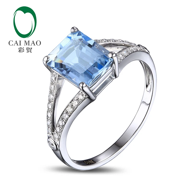 Caimao 2.42ct Emerald Cut 7x9mm Blue Aquamarine Pave Diamond 14k Gold Engagement Ring