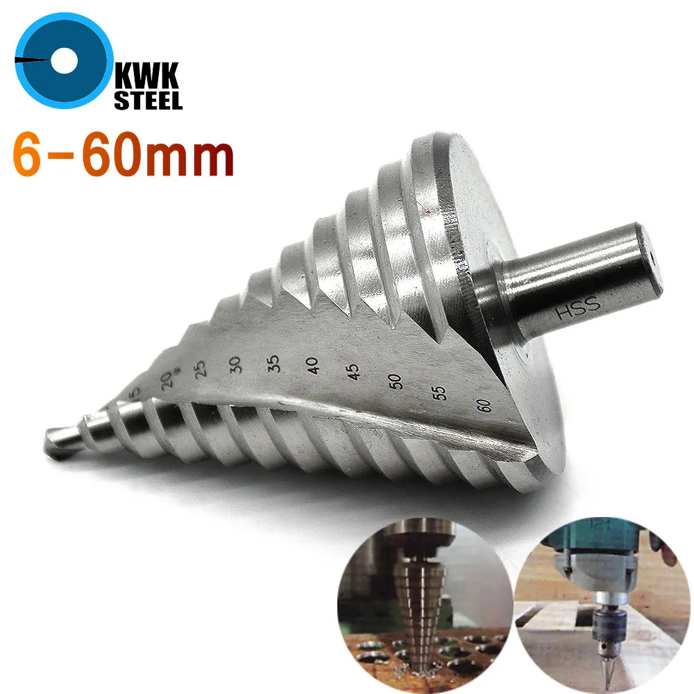 HSS Step Drill Bit 6-60MM 12 Steps Multiple Hole Cutting for Metals Platic Wood Cone Drill Bit Round 13mm Shank High Speed Steel