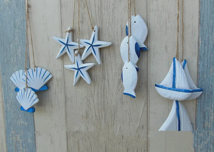 3pcs/lot Mediterranean Starfish Fish Nautical Decor Hang Adorn Crafts Wood Fish/decorated marine pendant Home Decoration MP 013