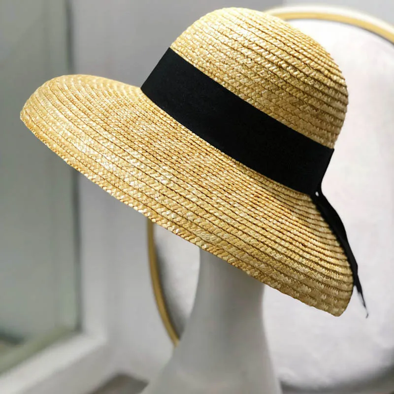 Wide Brim Women Sun Hat Wheat Straw Summer Beach Hat Elegant Cap UV Protection Black long Ribbon Bow Derby Travel Hats