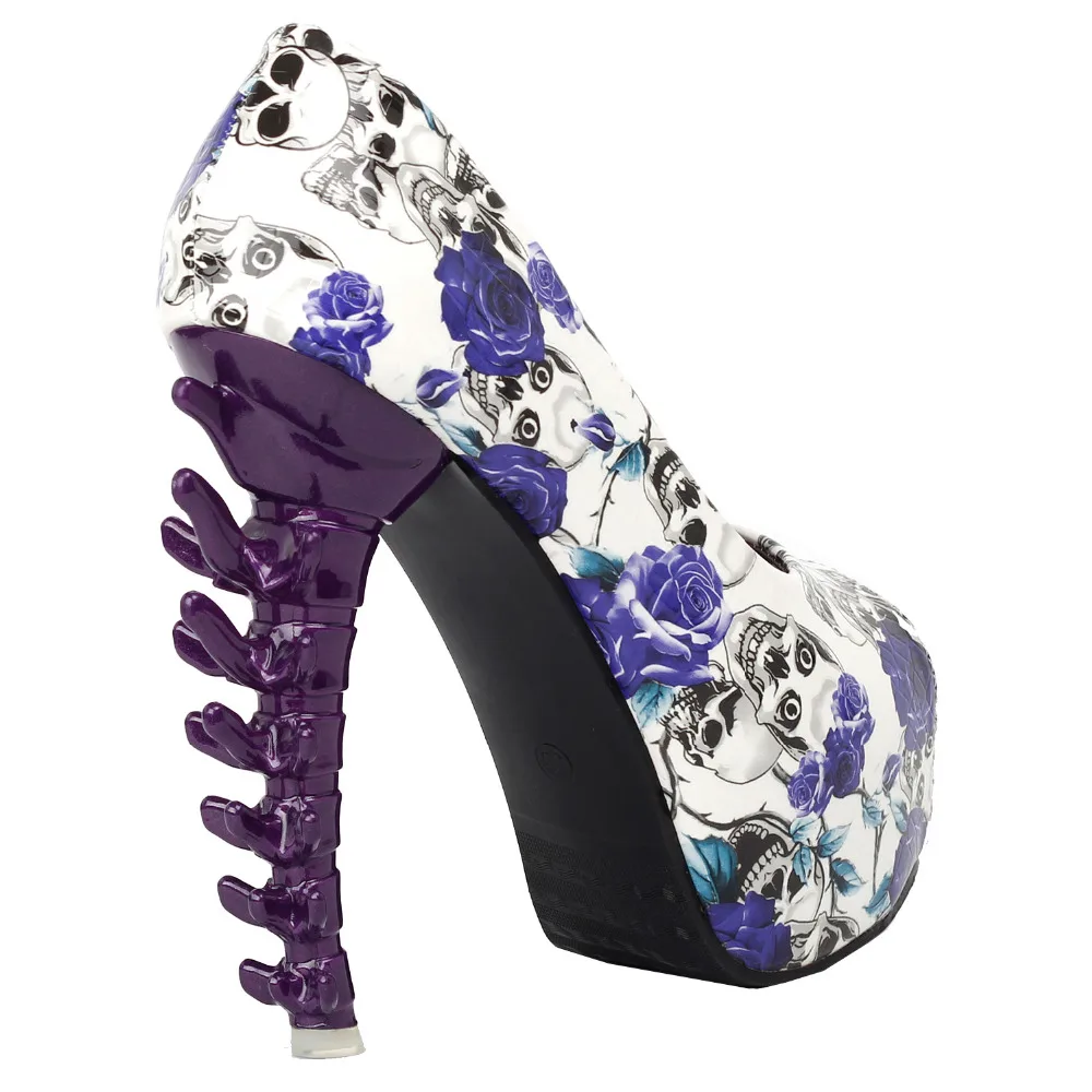 LF80629 Purple Skull Rose Peeptoe Platform Bone Heel Club Pumps