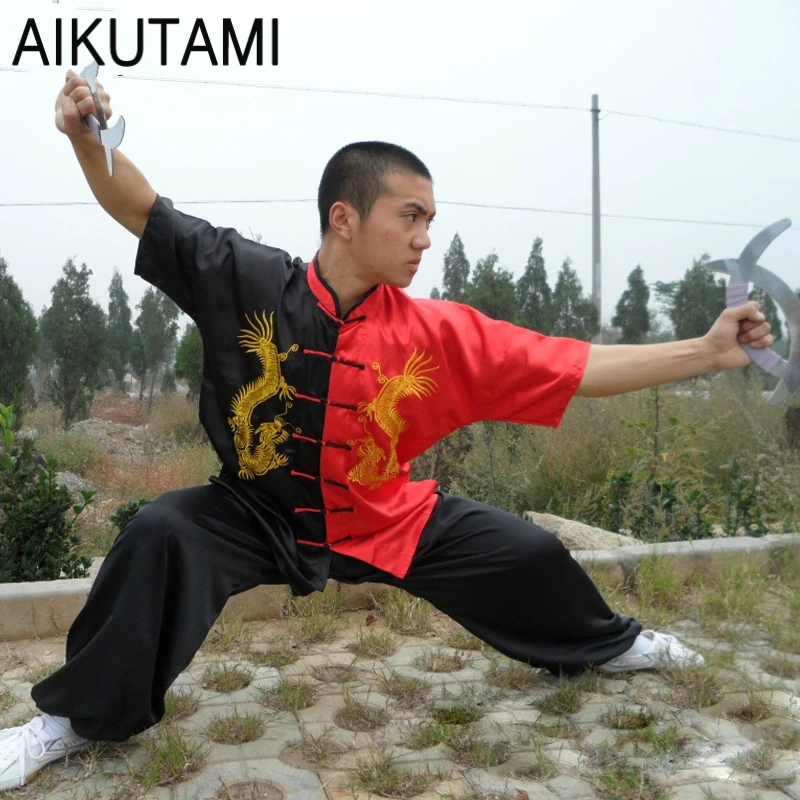 Chinese Dragon Printed Wushu Uniforms Tai Chi Costume Black Red Loose Jacket and Pants Set Zen Clothing Tai Chi Tuta