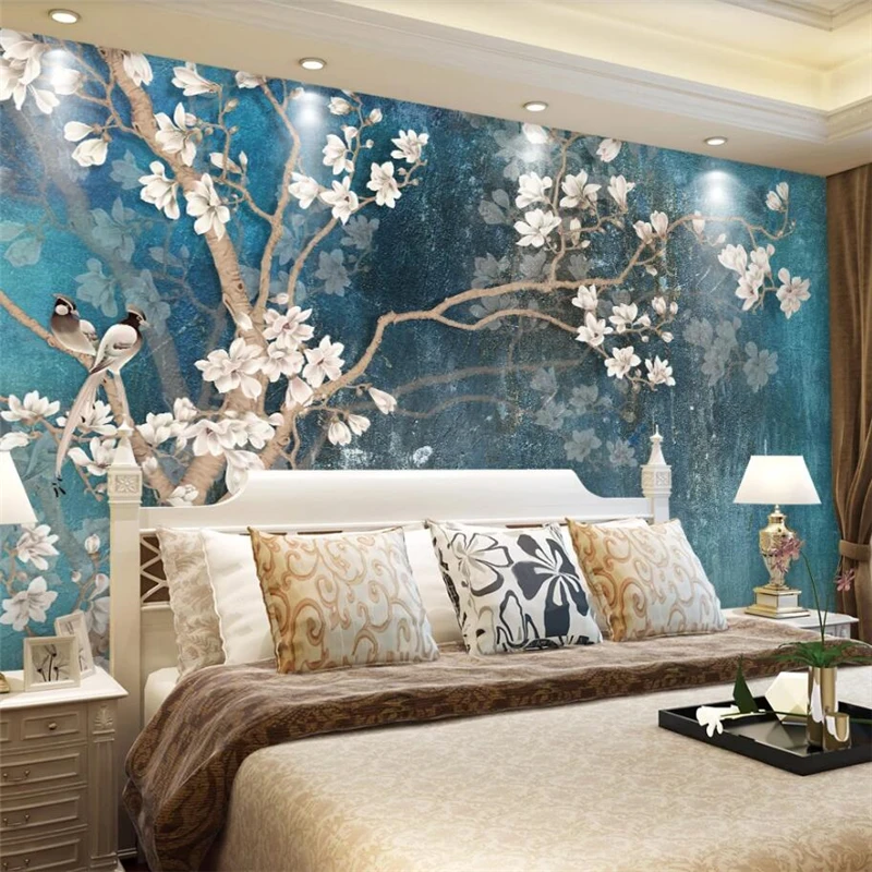 

wellyu Custom wallpaper 3D murals retro hand-painted magnolia background wall Nordic retro blue elegant oil painting wallpaper