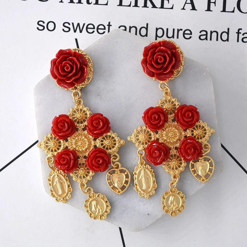 Baroque Metal Big Long Earrings For Women Long Earrings Vintage Rhinestone Flower Coin Drop Earring Fashion Jewelry