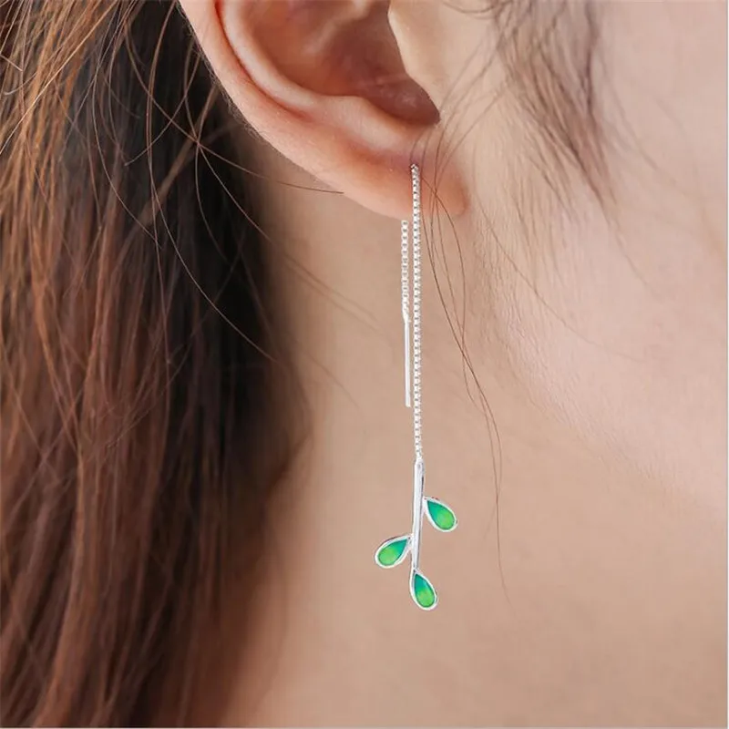 New Arrival Beautiful Colorful Leaf Ear Line 925 Sterling Silver Jewelry Personality National Women Gift Dangle Earrings E214