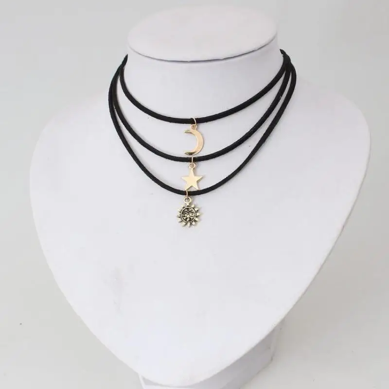 3pcs Europe Ad The United States Wild Multi-layer Velvet Necklace Star Moon Sun Dragon Short Necklace Jewelry Statement Necklace