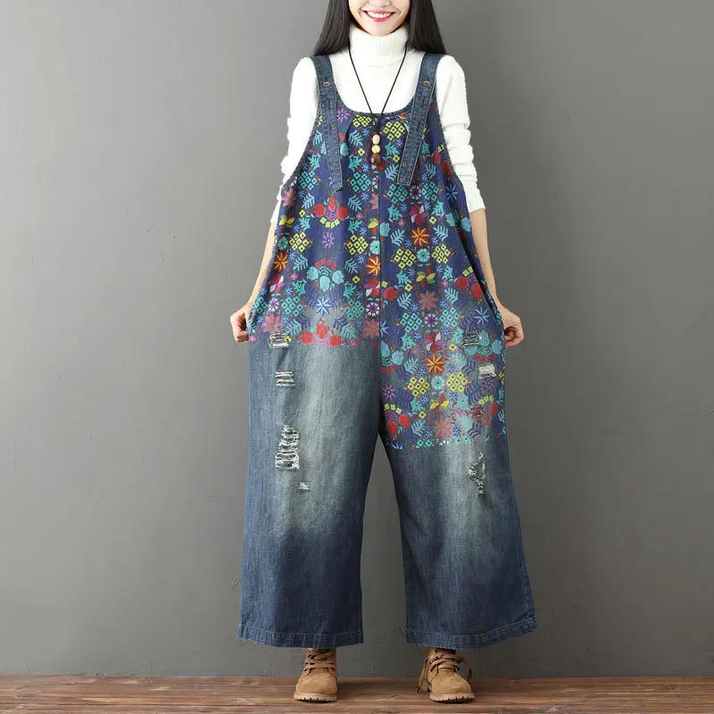 Monos vaqueros rasgados para mujer, peto de pierna ancha con pechera rayada de gran tamaño, mamelucos holgados, estampado Floral japonés Harajuku