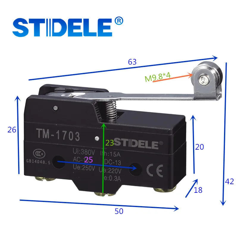 TM-1703 ( For LXW5-11G1 ) Limit Switch 15A 380V Long Hinge Roller Momentary SPDT Snap for Arduino Micro switches