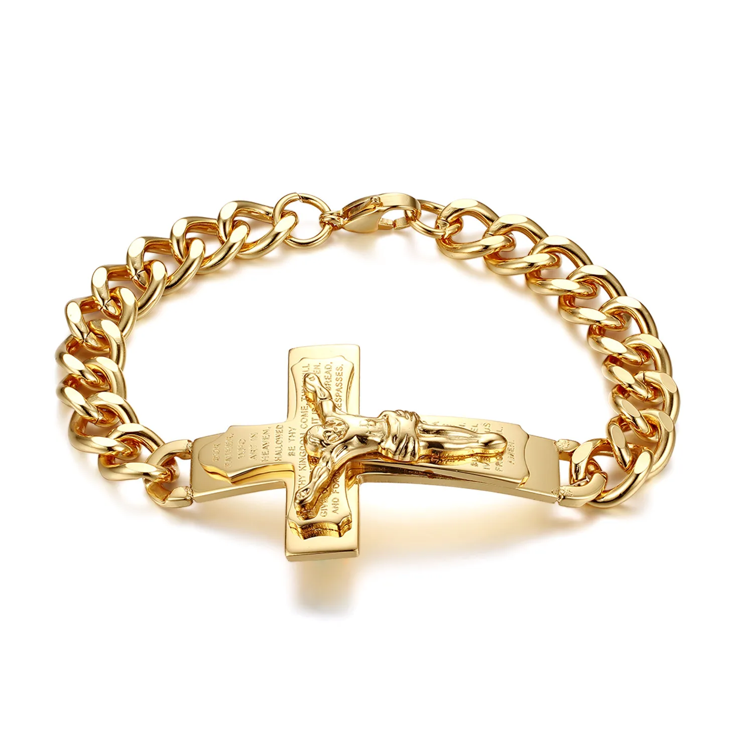 BONISKISS-pulsera de acero inoxidable para hombre, brazalete de cruz de Jesús, crucifijo, versículo bículo, cadena curva, joyería Jonc, envío directo