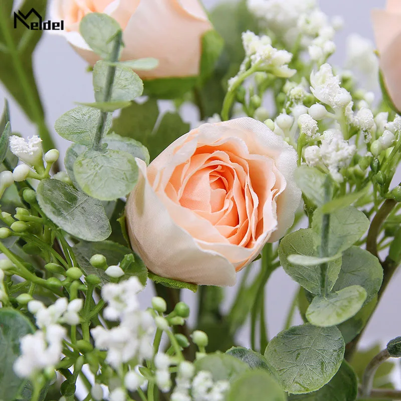 Meldel-ramo de flores artificiales de seda para novia, ramo de flores de rosas para boda, hojas de eucalipto, para fiesta de respiración de bebé, decoración del hogar