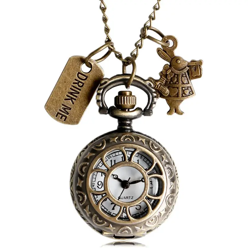 Retro Bronze Dream Women Rabbit Drink Me Tag Brown Glass Quartz Pocket Watch Chain collana pendente per ragazza donna