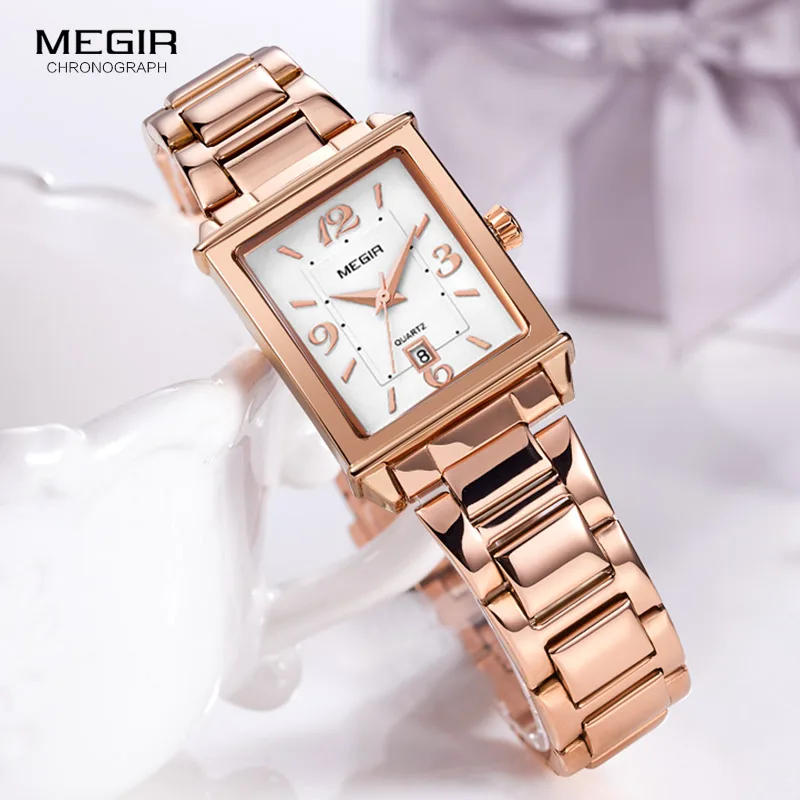 Megir Stainless Steel Bracelet Date Analogue Display Quartz Watch for Ladies Girls Luxury Simple Rose Gold Wristwatch for Women