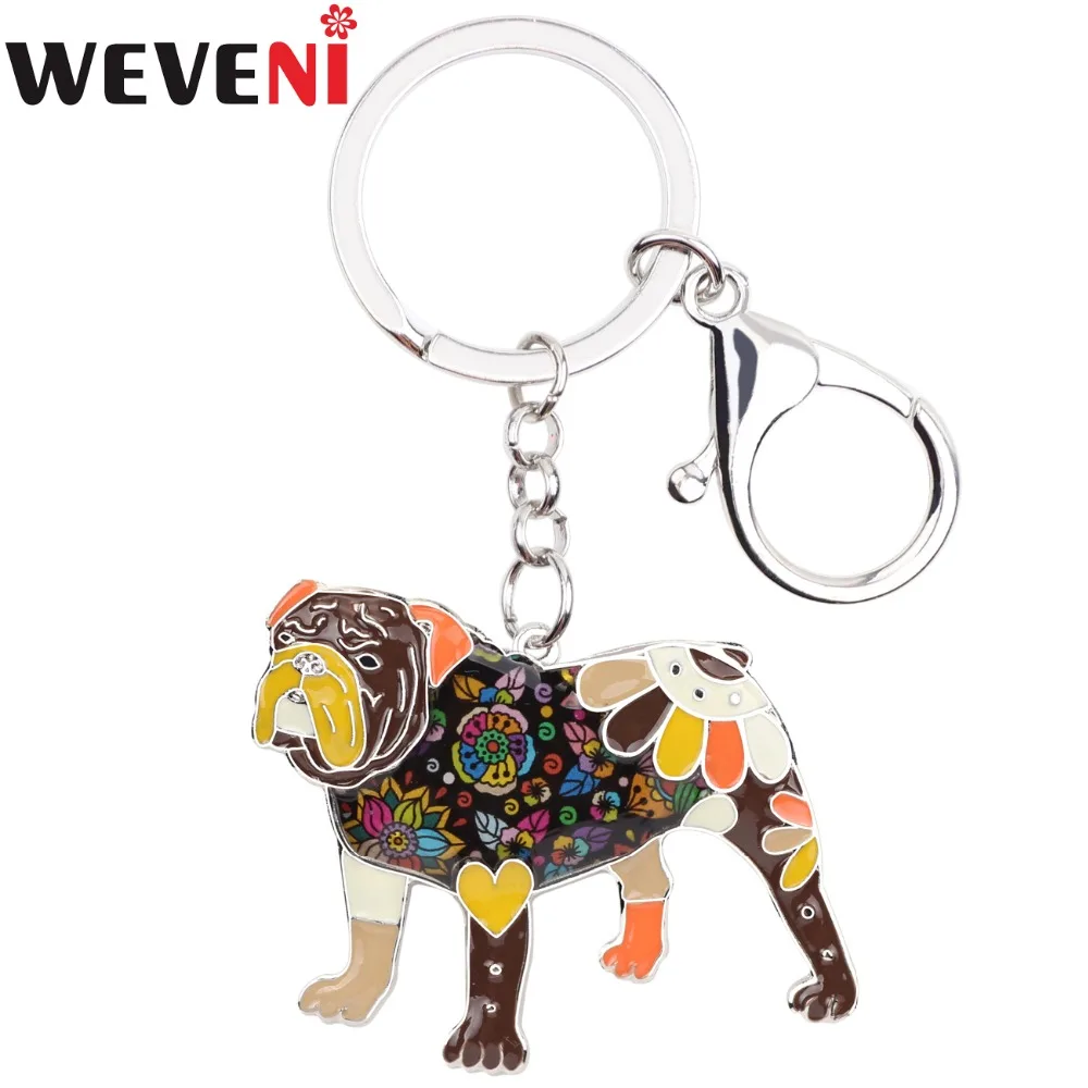 WEVENI Enamel Metal English Bulldog Bull Terrier Key Chain Drop Shipping Key Ring Charm New Fashion Animal Jewelry For Women