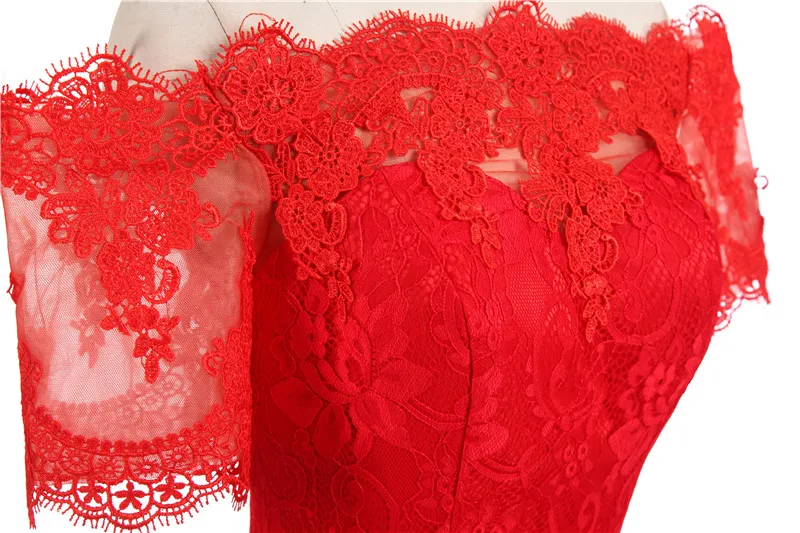 New Real Pictures Hi-Lo Prom Dress Short Sleeve Lace Evening dress 2021 Red Off The Shoulder Maxi Dress