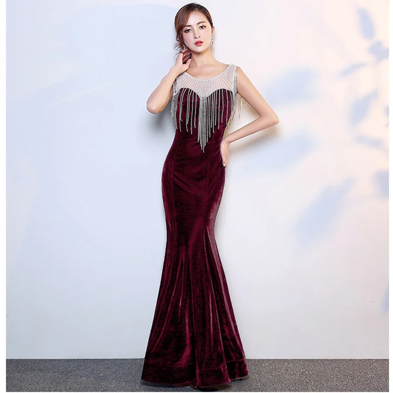 Corzzet vestido elegante nobre feminino 2018 nova moda vermelho veludo diamante pescoço borlas longo sereia vestidos de festa