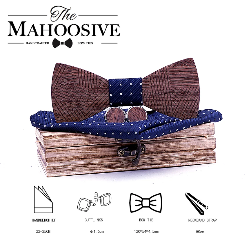 Men\'s Plaid Wooden Bow Tie Set Striped Wood Bowtie Handkerchief Cufflinks Sets With Wood Box For Men Wedding Gift