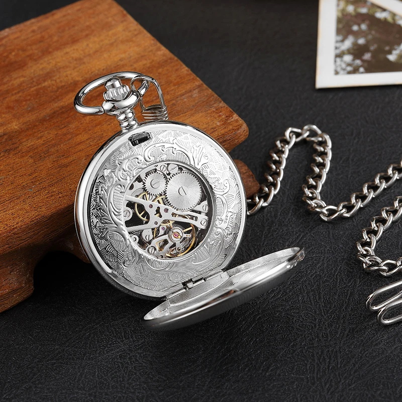 Antique Engraved Silver Case Mechanical Pocket Watch Double Flip Cover Skeleton Steampunk Pendent Necklace Clock Fob Watches