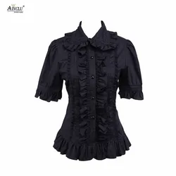 Ainclu Hot Selling Cemavin Womens XS To XXL Cotton Black Ruffle Lolita Blouse for Usually days Party Halloween