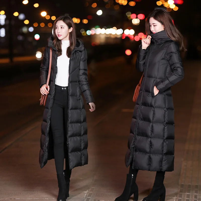 Winter Jacket Women Vintage 2019 Cotton Coat Slim Long Parka Over-Knee Korea Hooded Black Solid Lattice Warm Long Parka