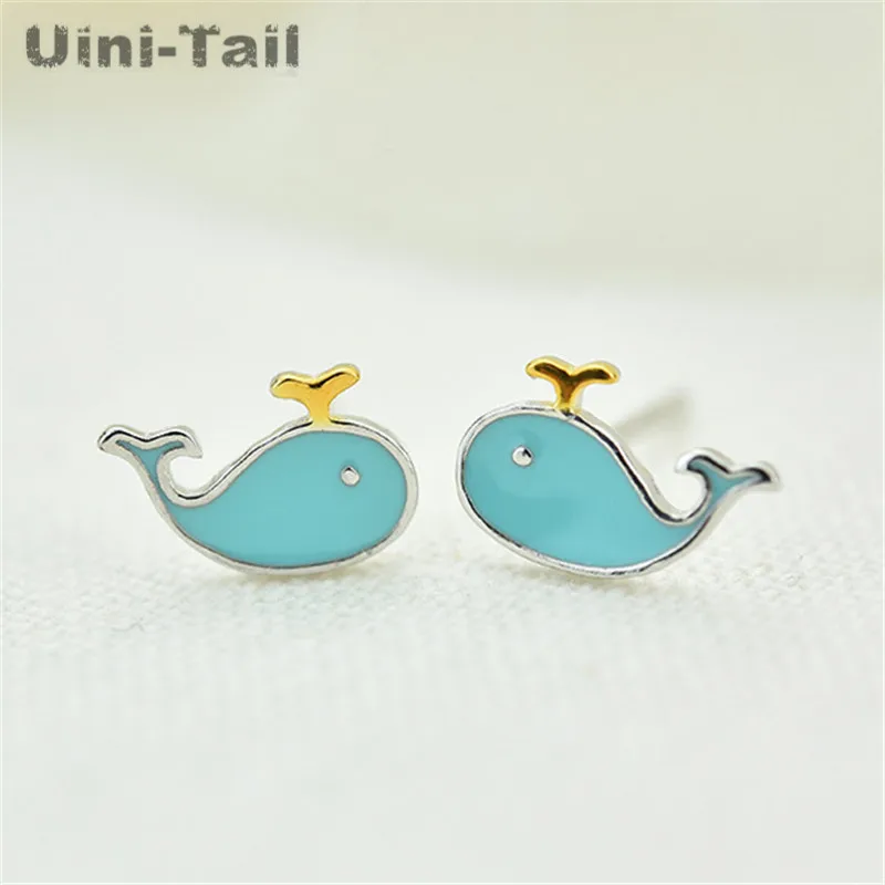 Uini-Tail hot 2024 new listing 925 Tibetan silver small whale earrings Korea fresh blue fish cute marine animal earrings ED178