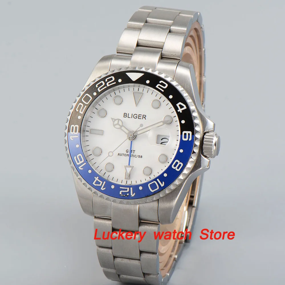 43mm bliger white dial luminous saphire glass;black and blue Ceramic Bezel GMT Automatic movement men's watch-BA08-43