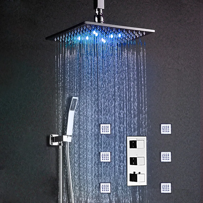 

Thermostatic Ceiling Square Rain Shower System Hydro Power LED Lights Shower Bath 12 Inch / Brass Chrome Shower Set