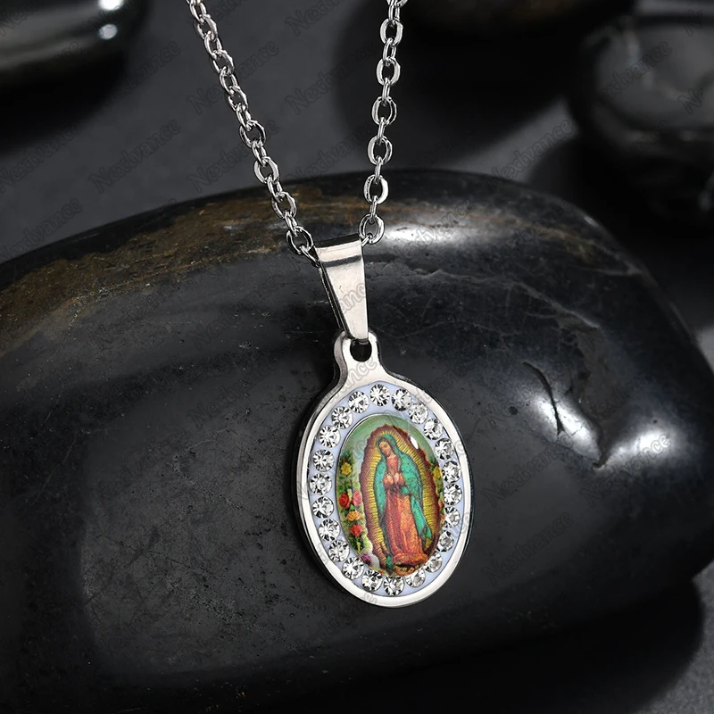 Nextvance High Quality Stainless Steel Virgin Mary Pendant Necklaces Cubic Zircon Madonna Women Necklace Catholic Christian Gift