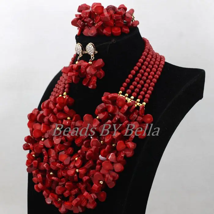 Chunky Full Nigerian Wedding Beads Jewelry Set 5 Layers Red African Beads Jewelry Coral Beads Necklace Sets Free Shipping ABK608