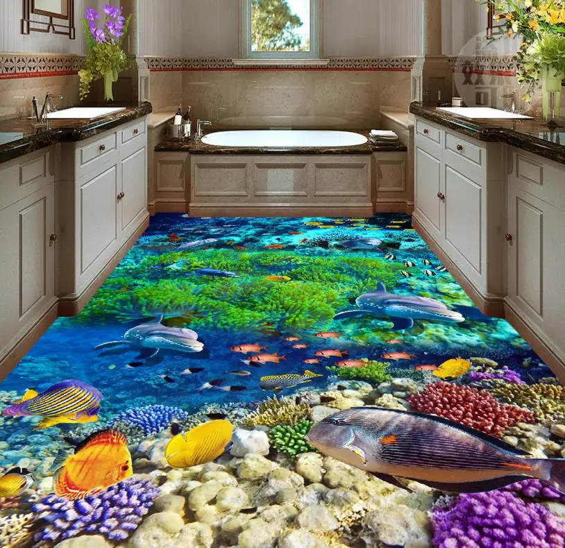 3D flooring wallpaper room dolphin vinyl roll adhesive floor vinyl stickers bathroom floor wallpaper for walls