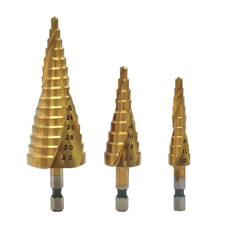 QSTEXPRESS 3pcs Golden HSS Helix Spiral Grooved Step Drill Bits Cut Set Hole Cutter