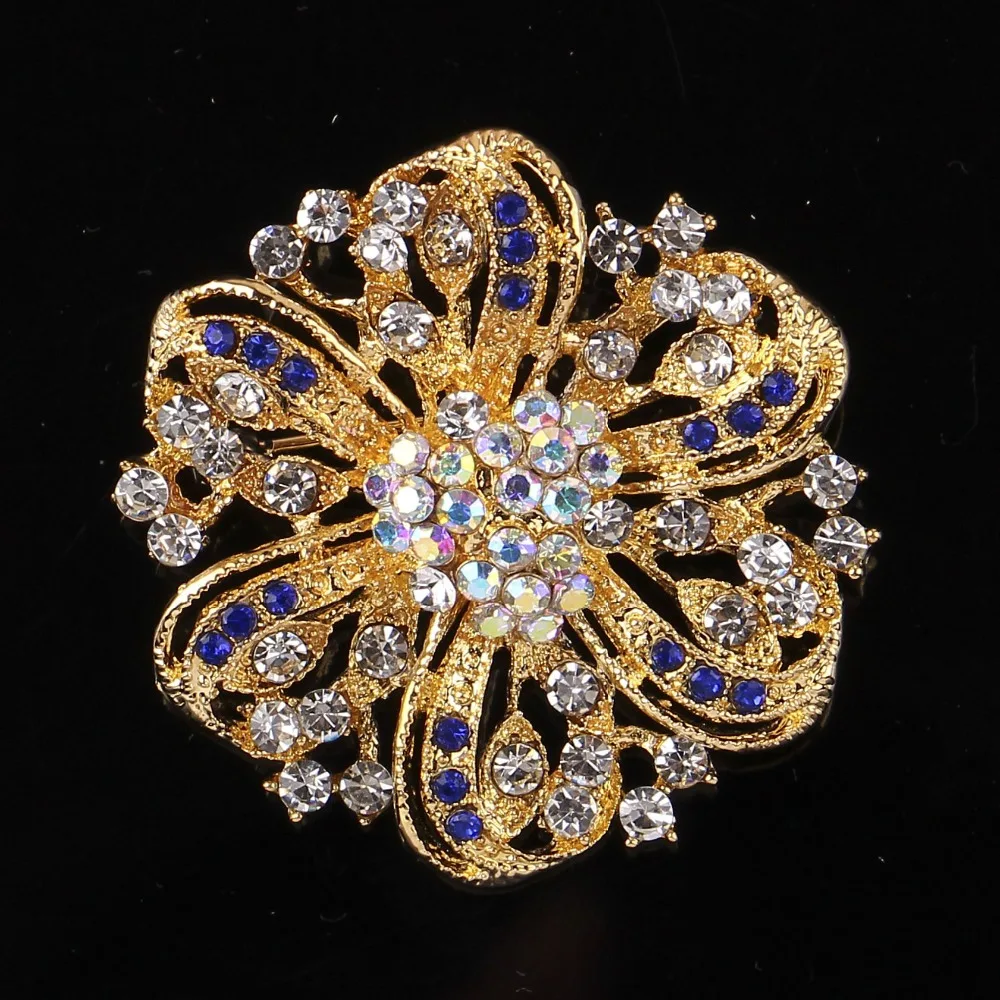 DIEZI Korean Gold Color Blue Crystal Brooches for Wedding Women Party Dress Rhinestone Bridal Bouquet Flower Bowknot Brooch pins