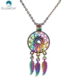 C679 COLORS Rainbow Flower Dream Catcher Leaves Beads Leaf Cage Pendant Essential Oil Diffuser Locket Necklace