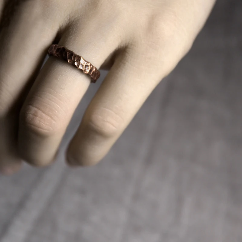 Tibetan Hand Beaten Solid Copper Ring Hammered Vintage Process Black Smithed Size Adjustable Retro Punk Street for Men Women