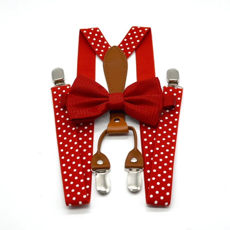 Yienws Polka Dot Bow Tie Suspenders สําหรับผู้ชายผู้หญิง 4 คลิปหนัง Suspensorio ผู้ใหญ่ Bowtie Braces สําหรับกางเกง Navy สีแดง YiA119