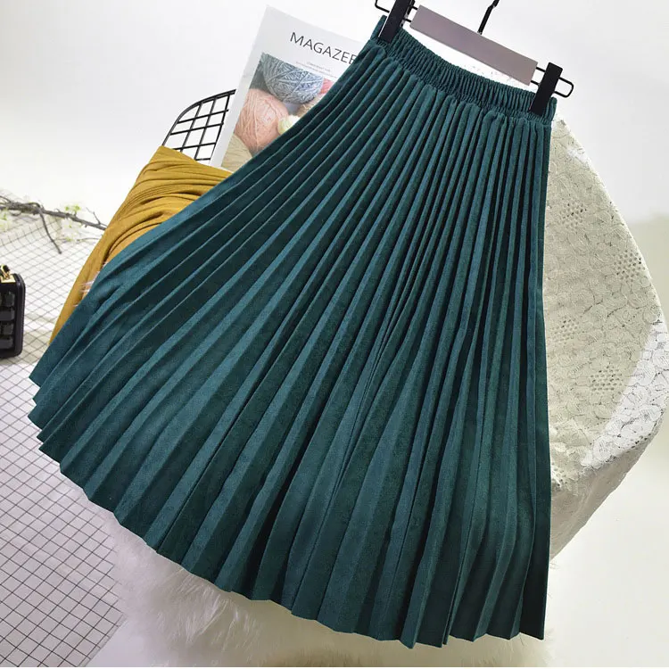 2024 Dwuwarstwowa wiosenna spódnica zamszowa dla kobiet Długie plisowane spódnice Top Marka Womens Saias Midi Faldas Vintage Women Midi Skirt — zdjęcie 3