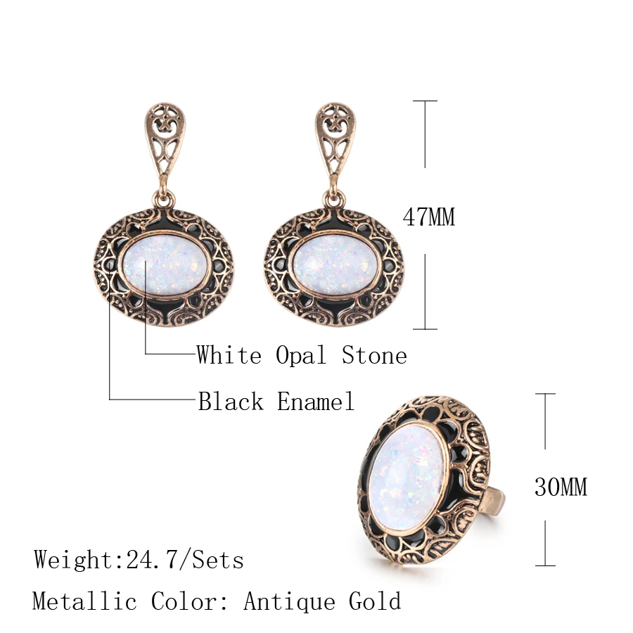 2 Pcs/lot Vintage Big Opal Stone Ring Earrings For Women Black Enamel Antique Gold Jewelry Sets Bohemian Jewellery