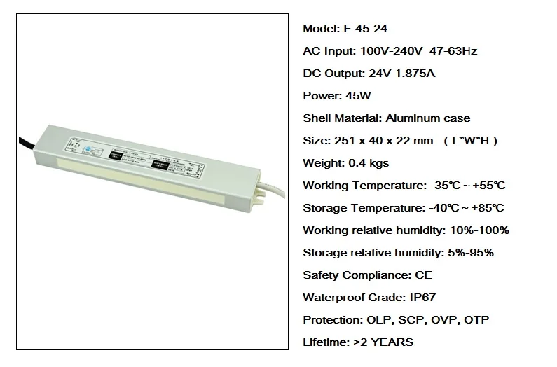 6pcs/lot 24V 1.875A 45W IP67 Waterproof Transformers AC 110~240V To DC Power Supply Driver for LED Strip