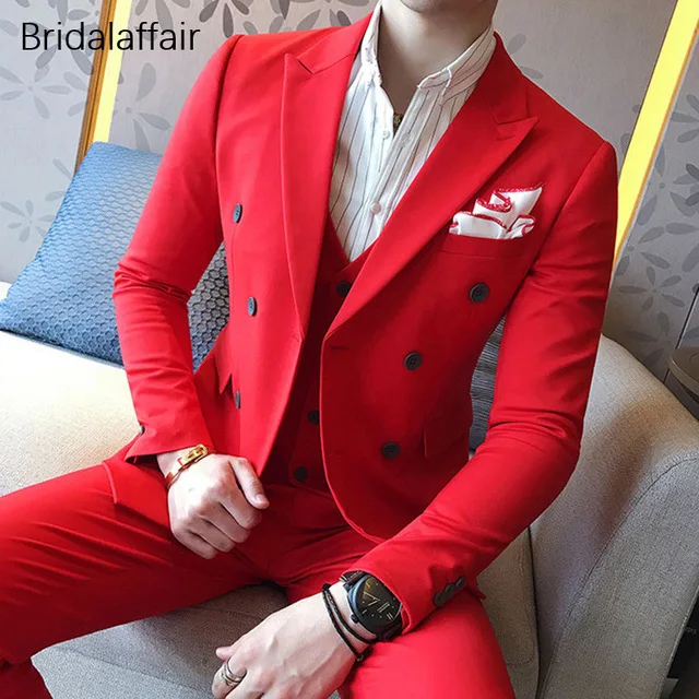 

KUSON Latest Coat Pant Designs Red Men Suit Set Slim Fit 3Pcs Tuxedo Groom Wedding Suits Custom Made Blazer Terno Masculino