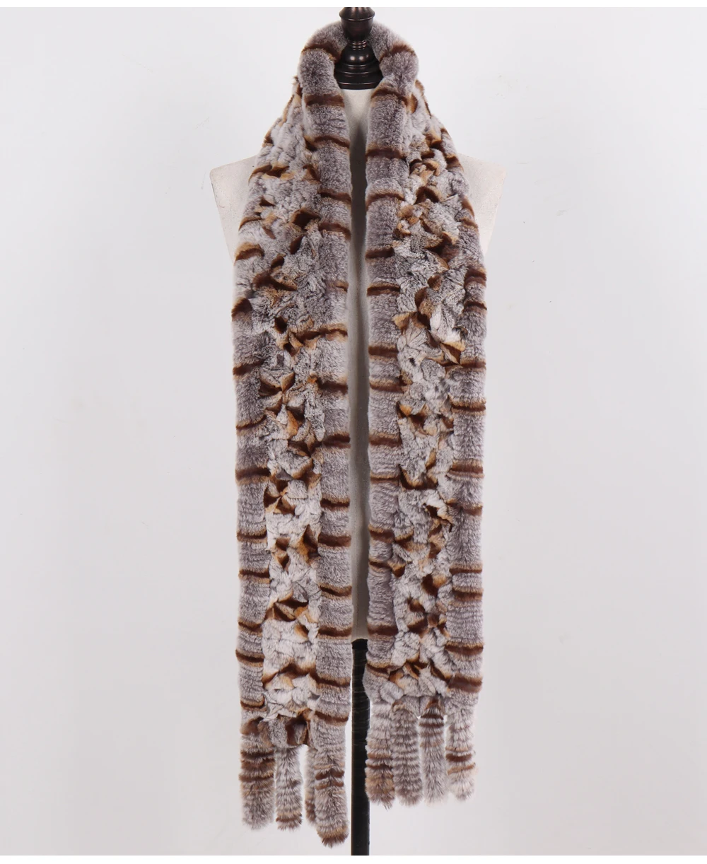 Neue Damen-Schals aus 100% natürlichem Rex-Kaninchenfell, langer Stil, gestrickte Rex-Kaninchenfell-Quastenschals, warme Echtfell-Schals für den Winter. – Detail 40