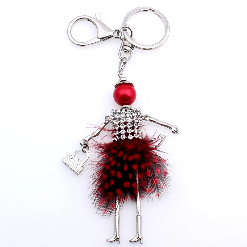 Fashion Rhinestone Feather Doll Key Chain For Keys Women Girl Decorative Keychain Charm Pendant Jewelry Aceessories 2017