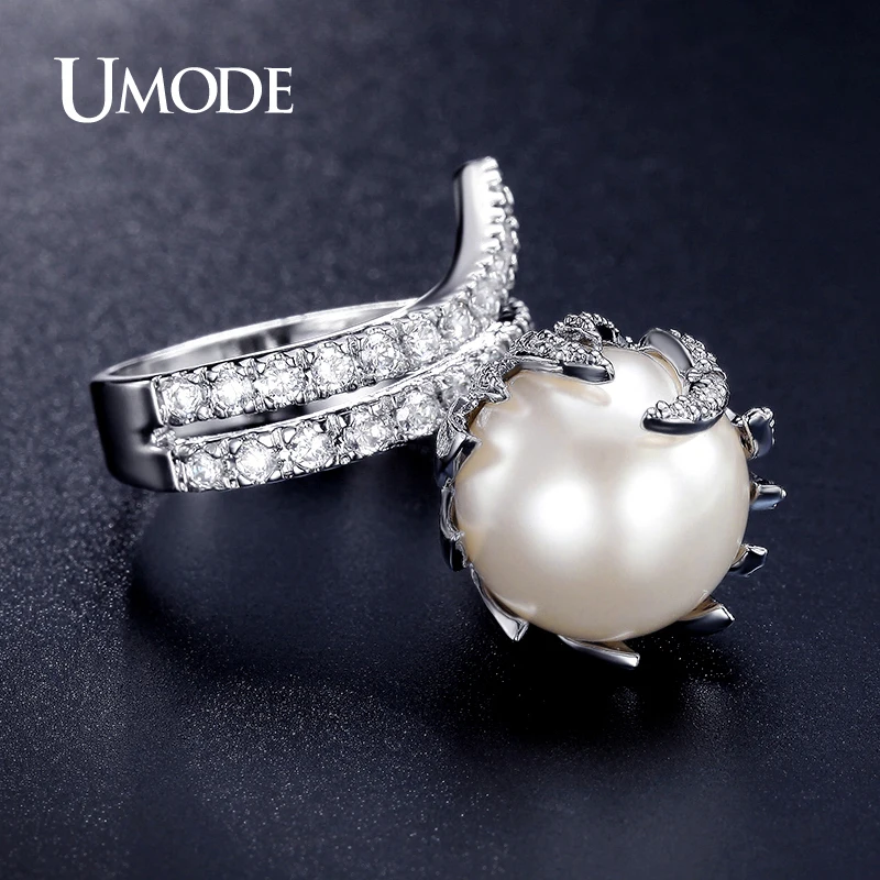 UMODE Ultra Big Synthetic Pearl Jewelry Fire Shaped Zirconia Rhodium Color Micro Paved Rings for Women New Anel Feminino UR0327