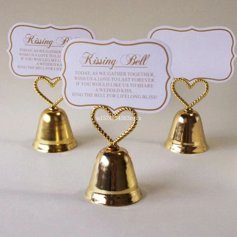 200 Pcs Heart Kissing Bell Place Card Photo Holder Wedding Table Card Holder Bridal Metal Heart Shape Wedding Favors Decoration