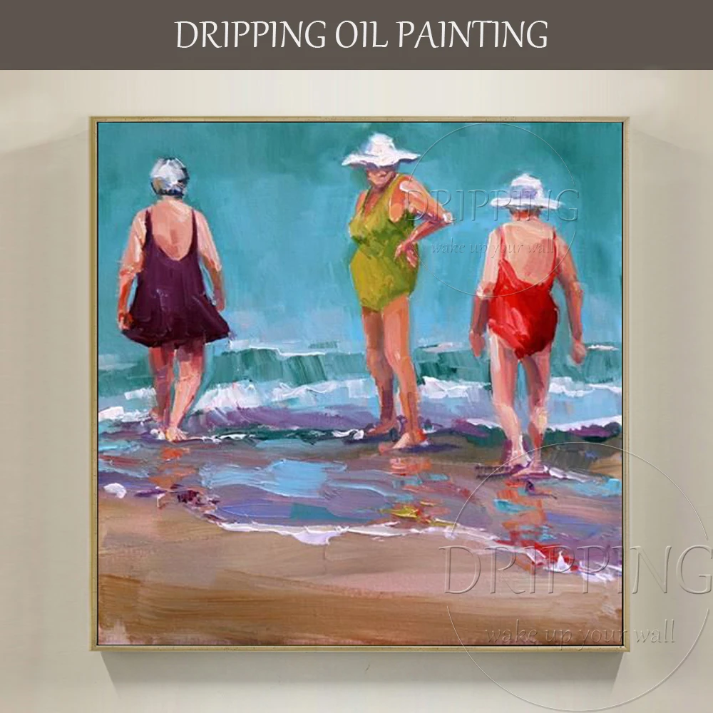 Impressionist Landscape 3 Women Play in Beach Oil Painting on Canvas High Quality Old Woman Figures Oil Painting for Living Room