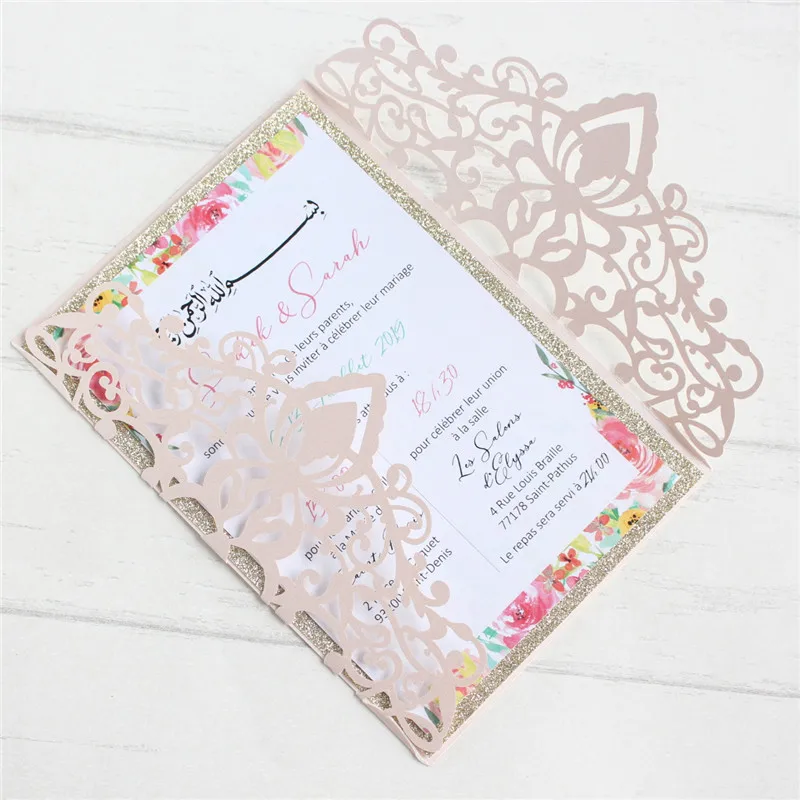 Wedding invitations with glitter gold border insert card envelop offer personalized printing 50pcs