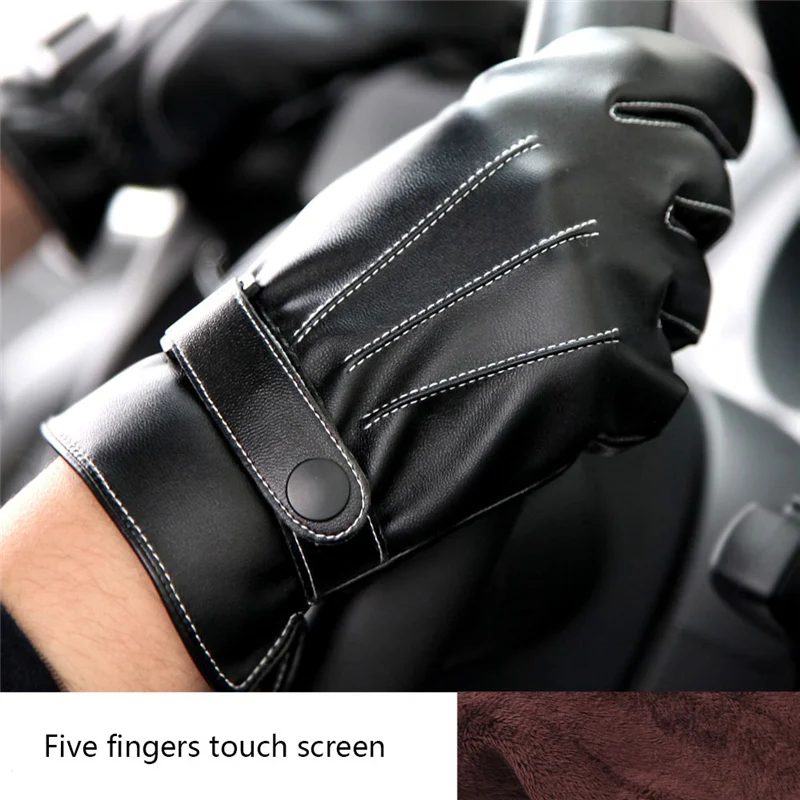 PU Leather Gloves Men Autumn Winter Warm And Velvet Padded Windproof Riding Motorcycle Gloves Student Touch Screen PM002PC-5