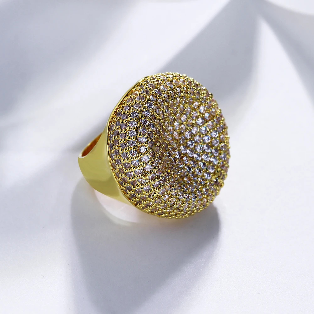 Wonderful big rings Pave setting cz crystal Gold white color luxury jewelry fast shipment large round shape finger ring