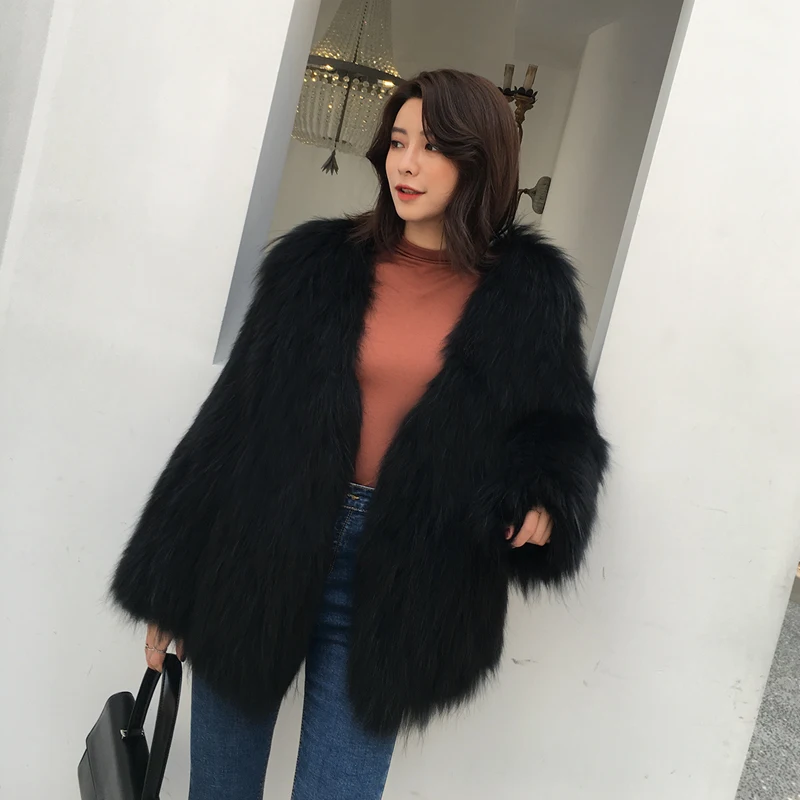 High Quality Natural Raccoon Fur Knitted Coat Women\'s Long Sleeve Winter Warm Genuine Fur Coats long Jackets